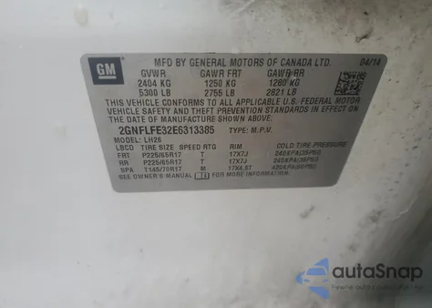 2014 Chevrolet Equinox Lt из США, поврежденный, VIN 2GNFLFE32E6313385